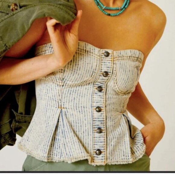 Pilcro Tops - Anthropologie Pilcro Buttondown Corset Denim Woman XL Fitted Blouse Smocked BOHO